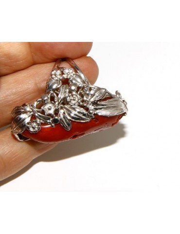 Argento 925 : grande anello donna barocco regolabile realizzato a mano con corallo verace rosso naturale