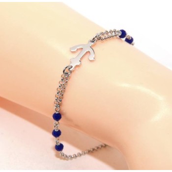 RMB|Bracciale uomo donna Argento 925 lavorazione a rosario cristallo blu navy con ancora centrale 16,00-19,00 cm NALBORI