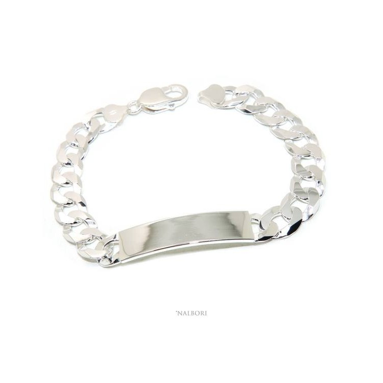 RMB|Men's plaque bracelet in light 925 silver, solid with 10 mm curb chain, wrist circumference 20.5 cm