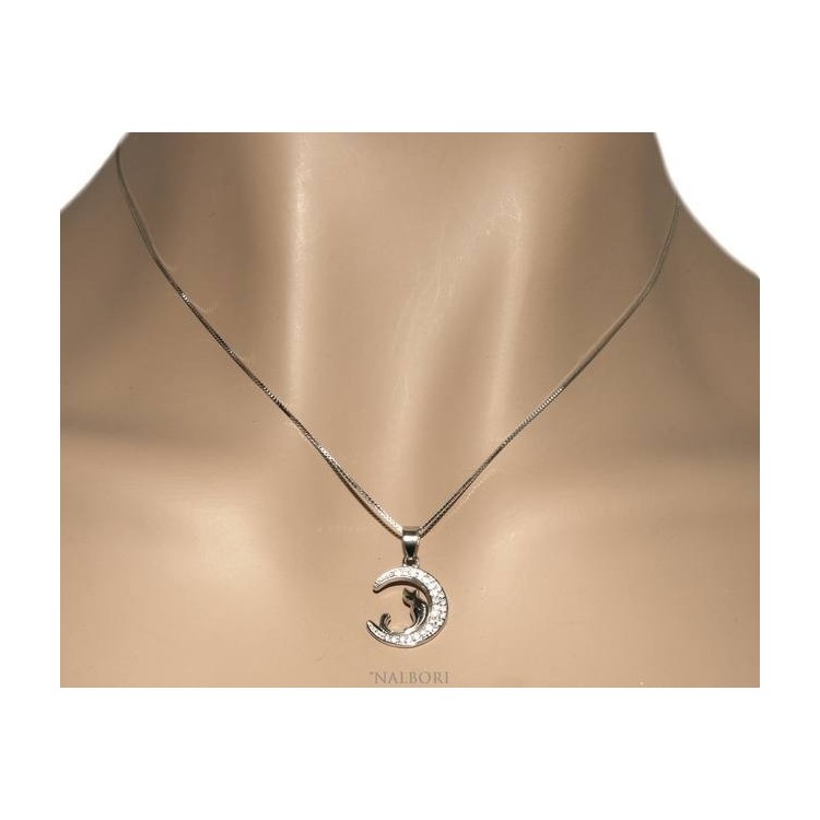 RMB|NALBORI Argento 925 : Collana Collier donna veneziana con ciondolo gatto e luna  brillanti