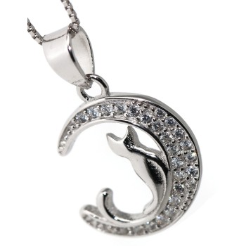 RMB|collier cat and moon pendant in 925 silver with zircons pavé necklace