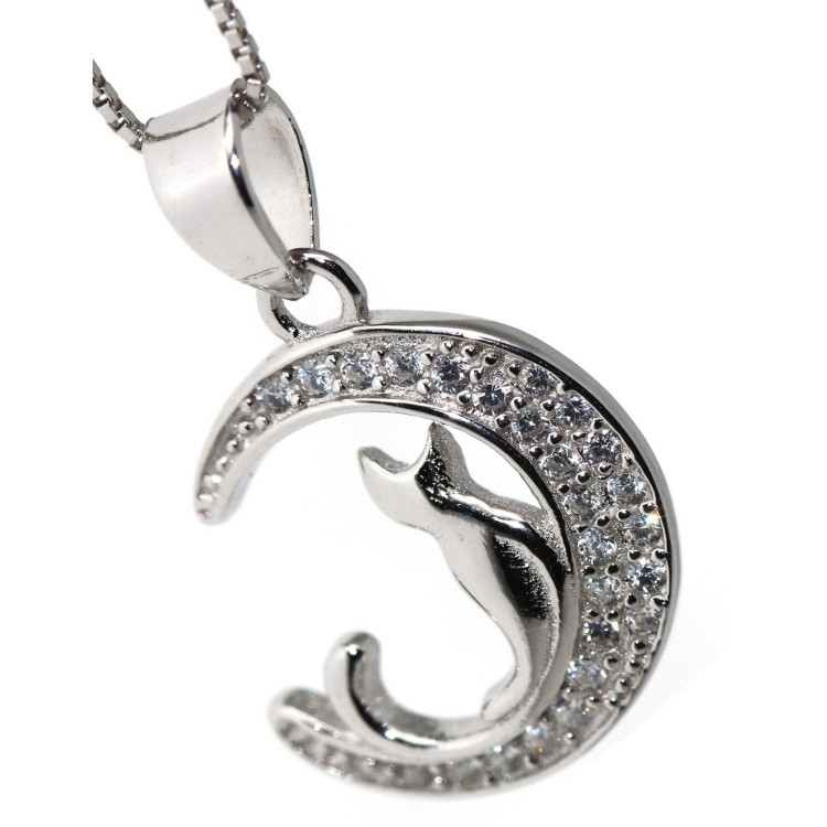 RMB|collier cat and moon pendant in 925 silver with zircons pavé necklace