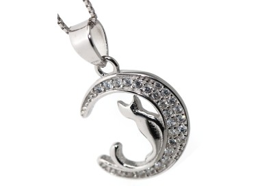 RMB|collier ciondolo gatto e luna in argento 925 con zirconi collana pavè NALBORI