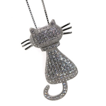 RMB|Collana gatto argento 925 billanti zirconi ciondolo bianco grande