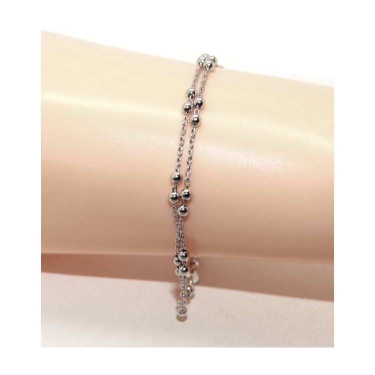 RMB|Bracciale uomo donna argento 925 lavorazione a rosario doppia catena palline 3mm 16-19,50 cm
