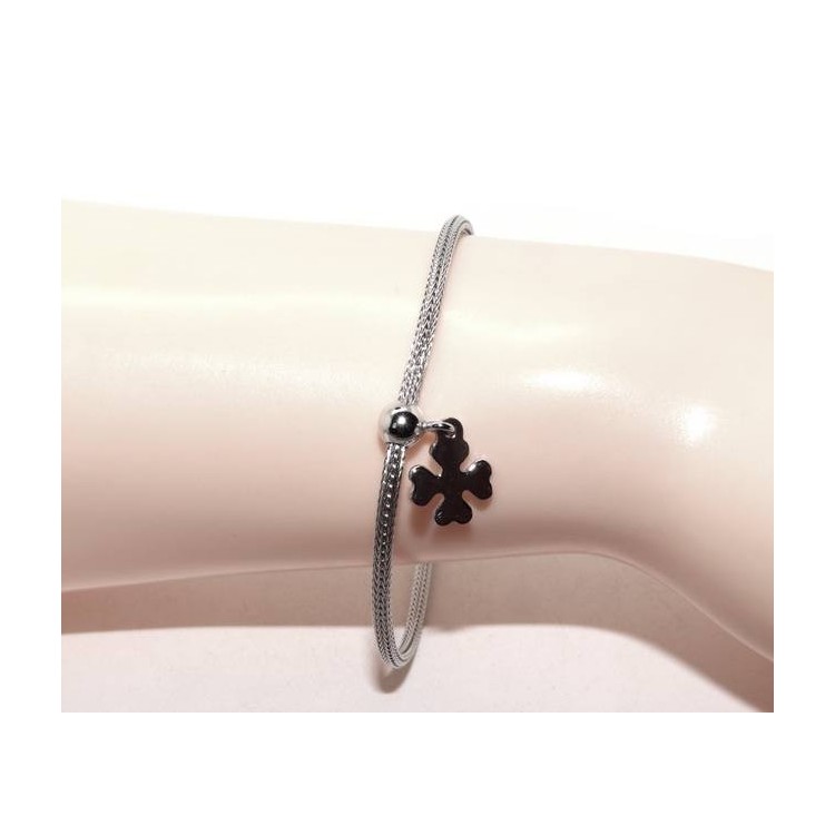 RMB|Bracciale Argento 925 fox tail cavetto per donna o uomo ciondolo quadrifoglio cm 16 - 19,50