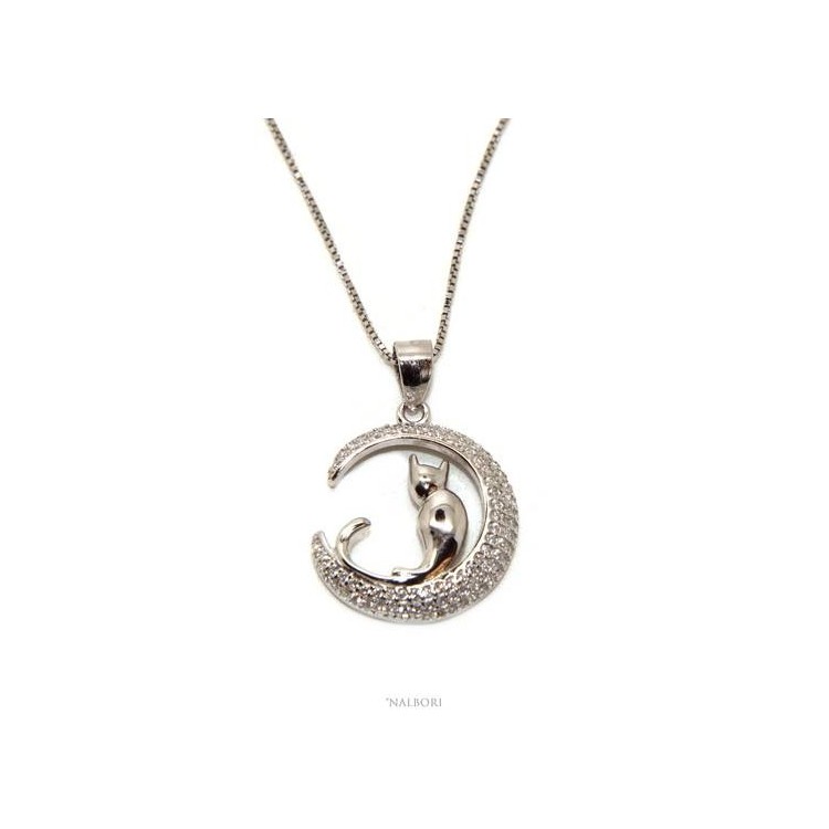 RMB|Argento 925 : Collana Collier donna veneziana con ciondolo gatto luna 19mm nalbori
