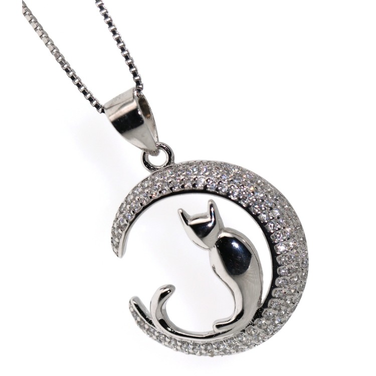 RMB|necklace collier Silver 925 pendant moon cat 19mm NALBORI brand original