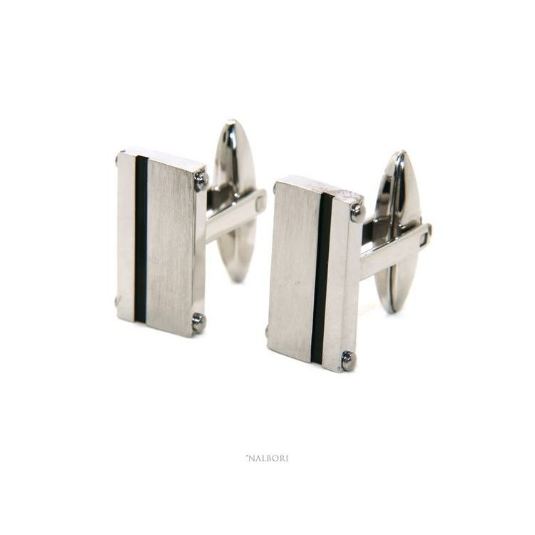 RMB|NALBORI men's cufflinks for men rectangular stainless steel with black satin-finish band