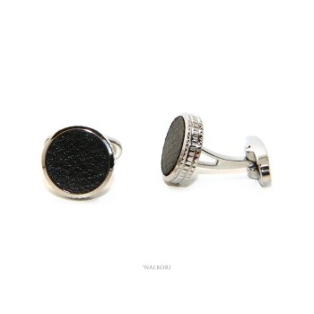 RMB|NALBORI shirt cufflinks for men with round buttons in steel and black imitation leather