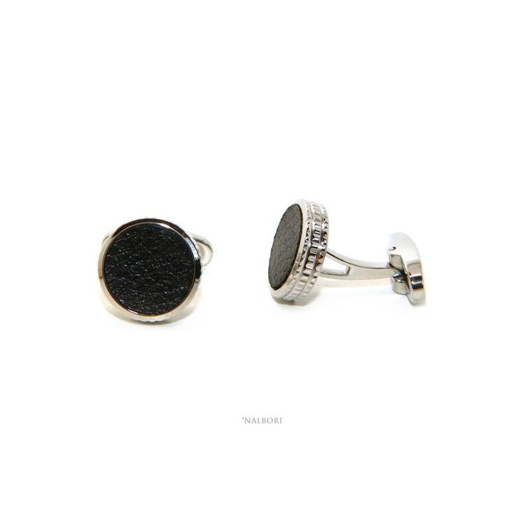 RMB|NALBORI shirt cufflinks for men with round buttons in steel and black imitation leather