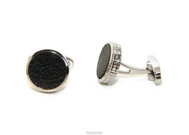 RMB|NALBORI shirt cufflinks for men with round buttons in steel and black imitation leather