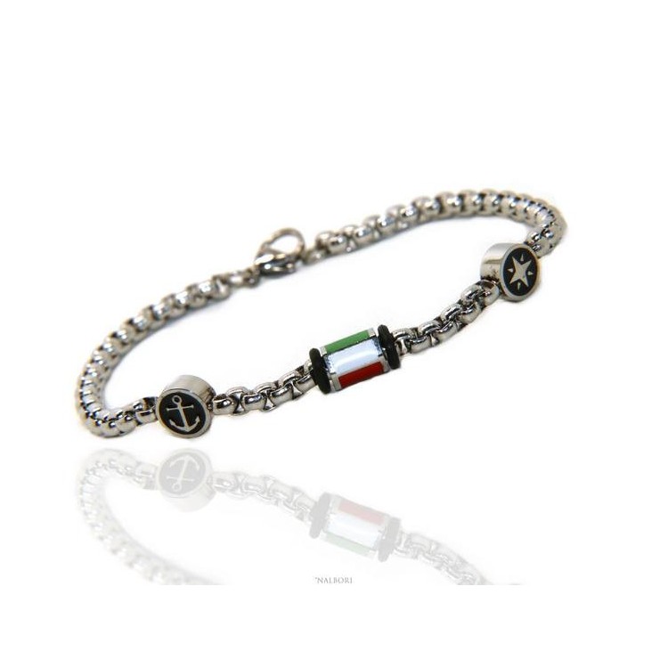 RMB|Steel bracelet man woman anallergic still wind rose Italian flag enamel 19 cm