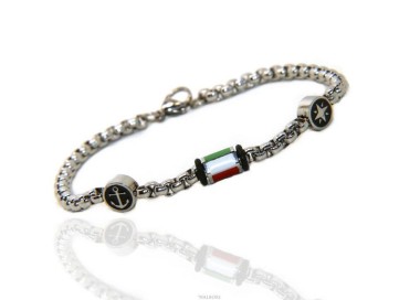 RMB|Bracciale Acciaio uomo donna anallergico ancora rosa dei venti bandiera italiana smaltata 19 cm
