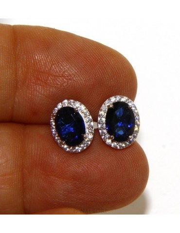 Argento 925 : orecchini donna stud bottone oval pietra zirconia cubica blue sapphire bluette 10x8