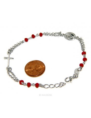 Bracciale rosario uomo donna in Argento 925 madonna , croce e cristallo rosso 16,00 18,50 cm