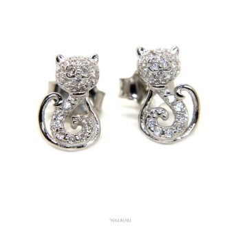 RMB|earrings woman 925 silver with white zircons cat stylized kitten contrariè NALBORI