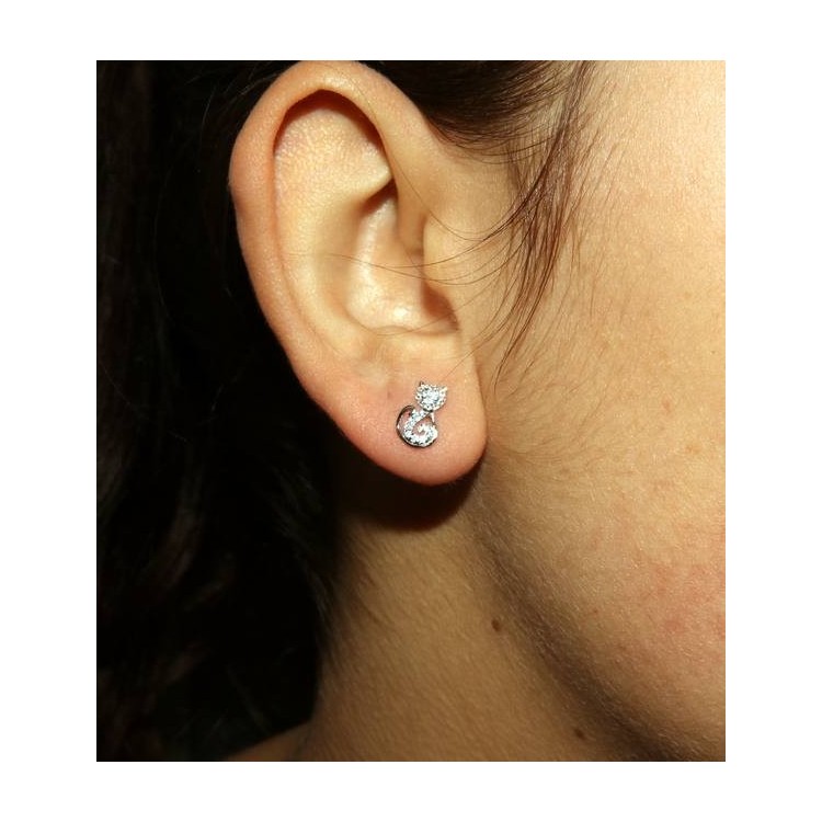 RMB|925 silver cat earrings kitty white zircons stylized kitten contrariè NALBORI