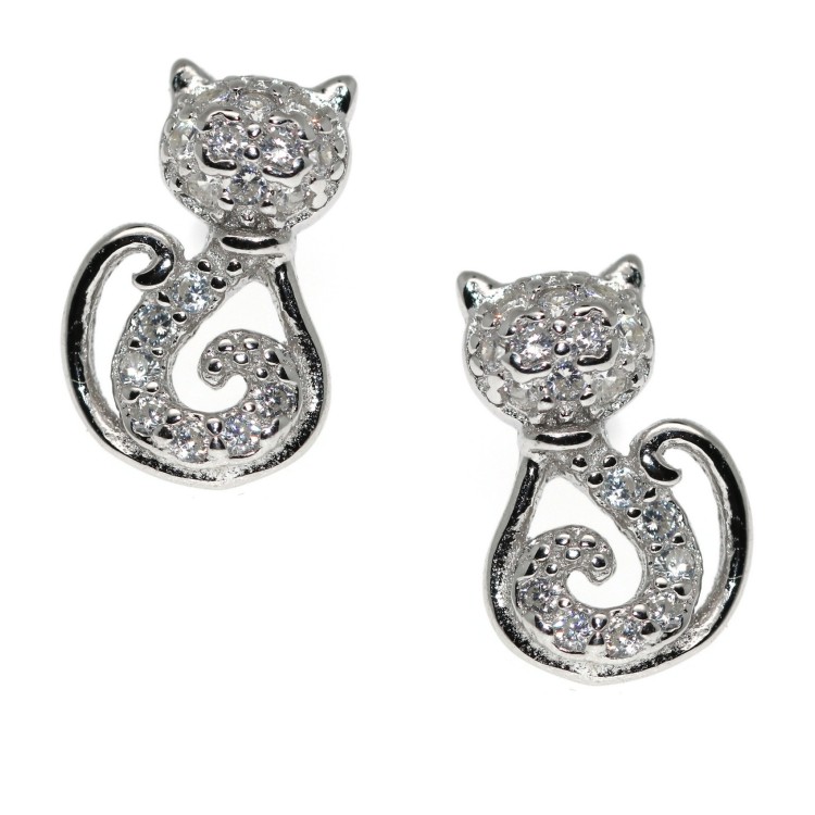 RMB|orecchini argento 925 gatto micio zirconi bianchi gattino stilizzato contrariè