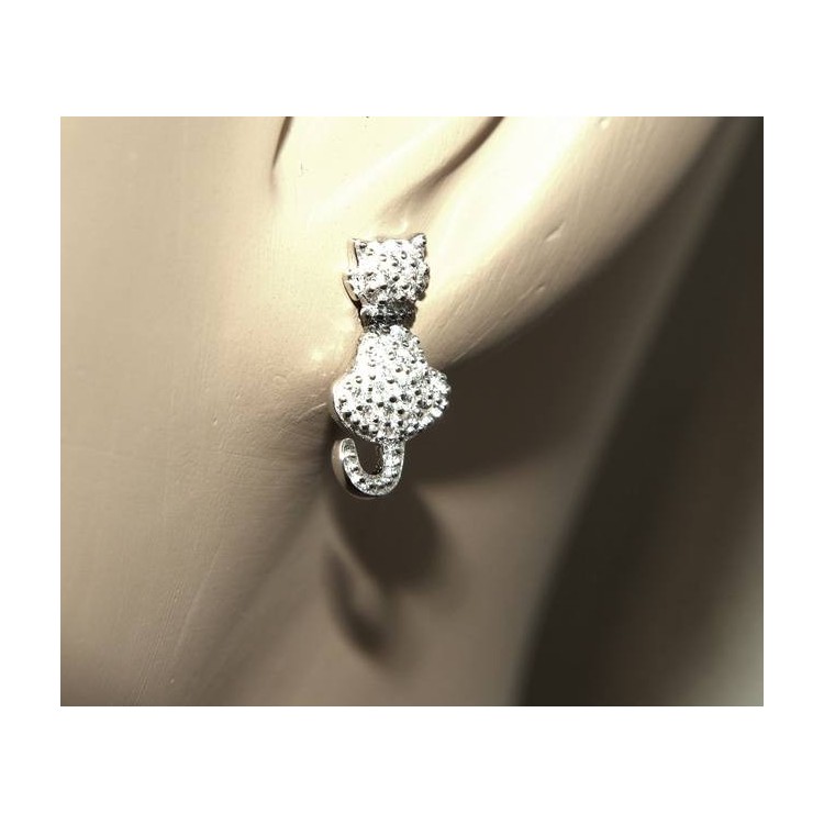 RMB|woman earrings 925 silver with white cubic zirconia cat kitten contrariè leash