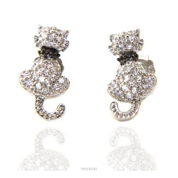 RMB|woman earrings 925 silver with white cubic zirconia cat kitten contrariè leash