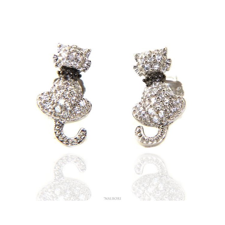 RMB|orecchini donna argento 925 con zirconi bianchi gatto gattino contrariè guinzaglio NALBORI