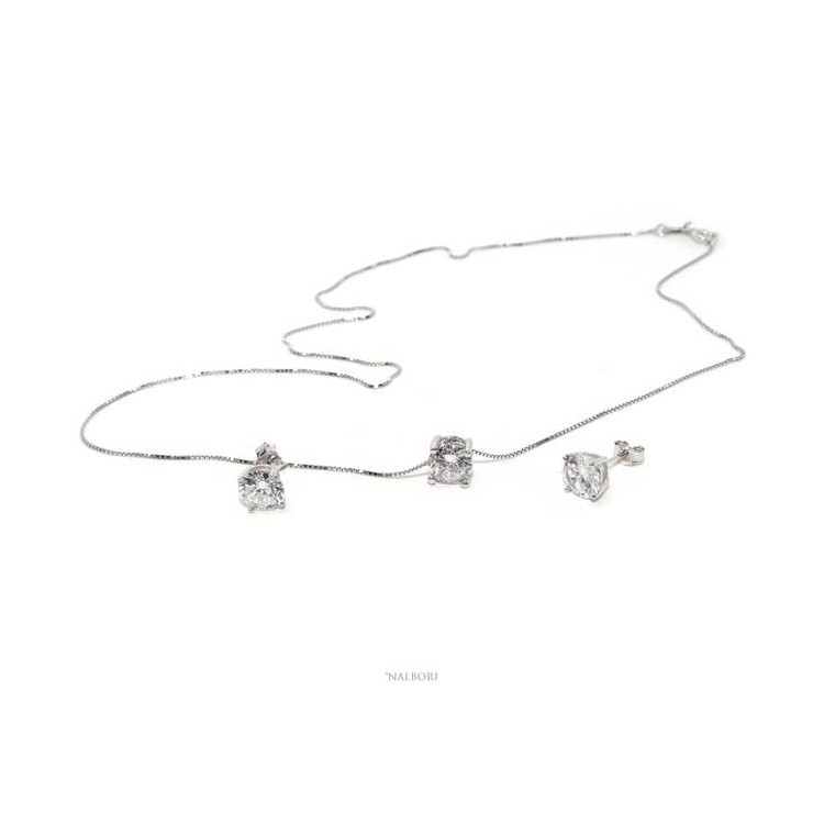 RMB|Parure donna punto luce 7 mm in argento 925 con zircone. Catena veneziana ciondolo passante e Orecchini abbinati