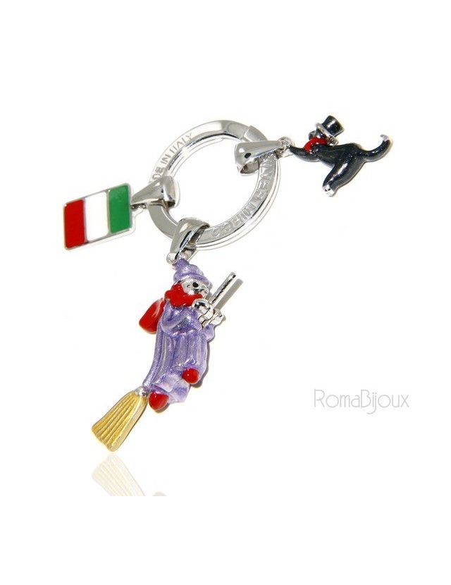 Keyring man or woman witch Befana with flying broom Black cat on fire enamel handmade, all 925 sterling silver amulet
