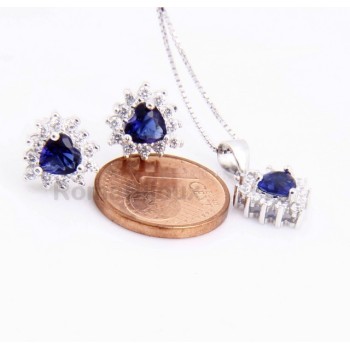 RMB|Parure argento 925 collana ciondolo orecchini donna heart zirconi a cuore zaffiro blu