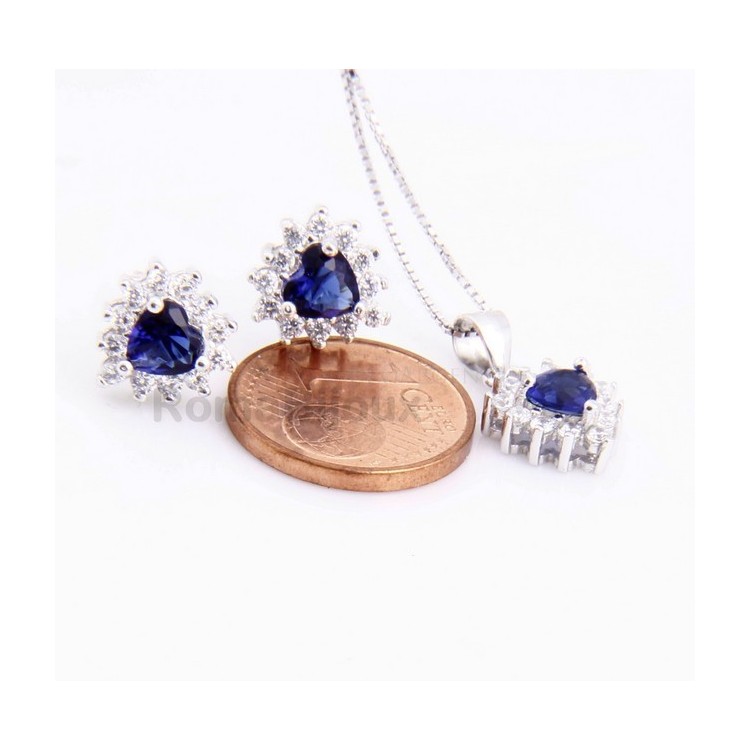 RMB|Parure argento 925 collana ciondolo orecchini donna heart zirconi a cuore zaffiro blu