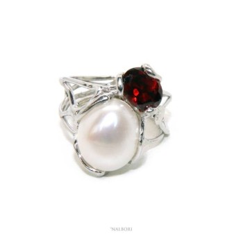 RMB|Anello donna argento 925 regolabile realizzato a cera persa con perla barocca e granato rosso scuro