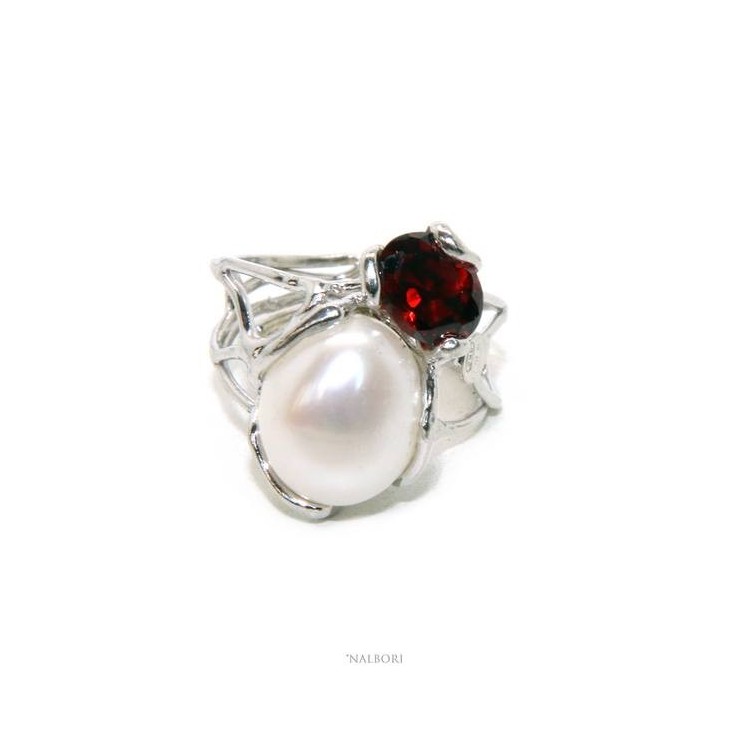 RMB|A007  Woman silver 925 adjustable ring made of lost wax with baroque pearl and dark red garnet