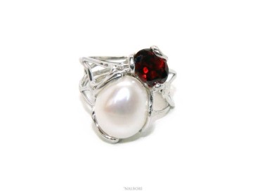 RMB|A007  Woman silver 925 adjustable ring made of lost wax with baroque pearl and dark red garnet