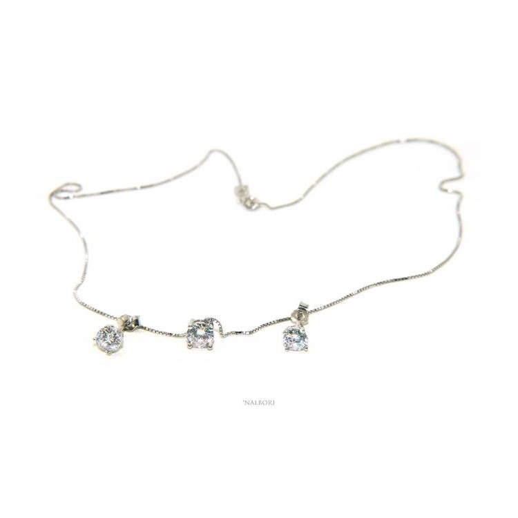 RMB|Parure donna punto luce 5 mm in argento 925 con zircone. Catena ciondolo passante e Orecchini