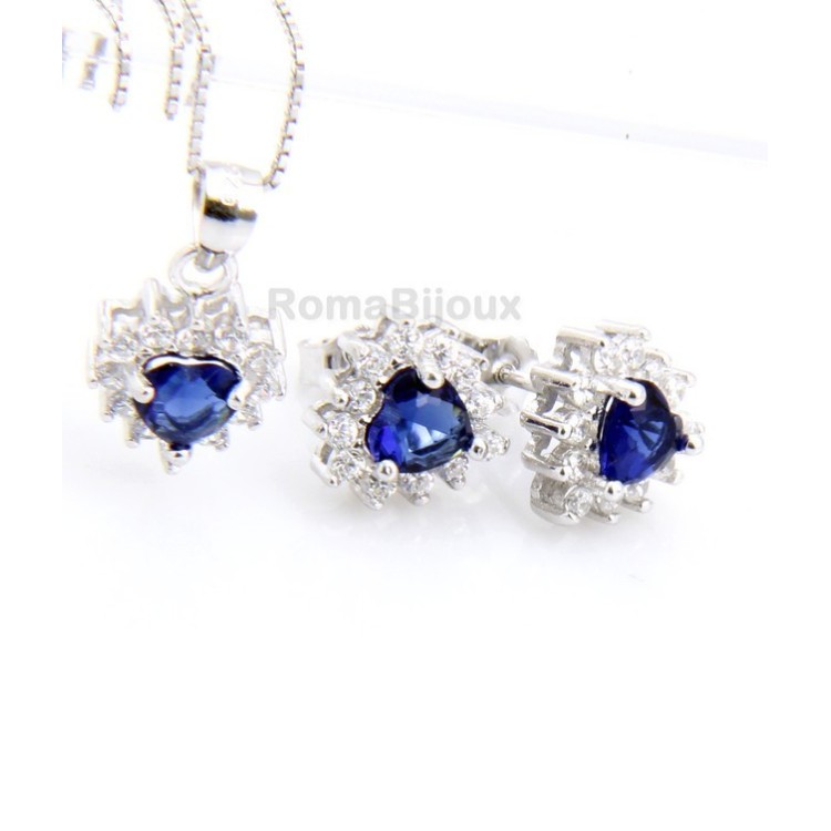 RMB|Parure argento 925 collana ciondolo orecchini donna heart zirconi a cuore zaffiro blu