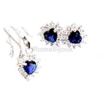 RMB|Parure argento 925 collana ciondolo orecchini donna heart zirconi a cuore zaffiro blu