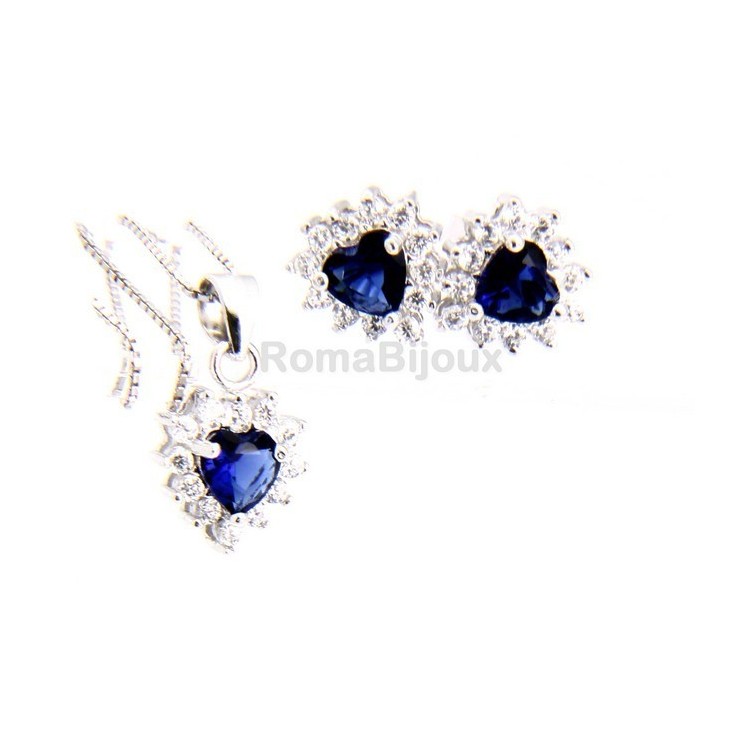 RMB|Parure argento 925 collana ciondolo orecchini donna heart zirconi a cuore zaffiro blu