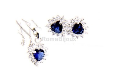RMB|Parure argento 925 collana ciondolo orecchini donna heart zirconi a cuore zaffiro blu