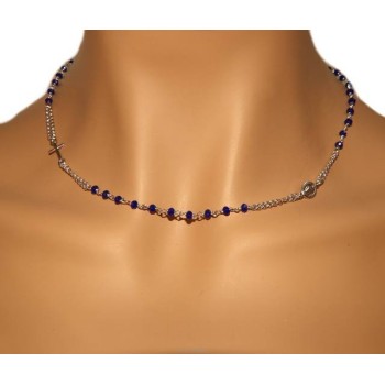 RMB|Collana Rosario uomo Argento 925 Con cristallo blu croce e madonna 45+5 cm