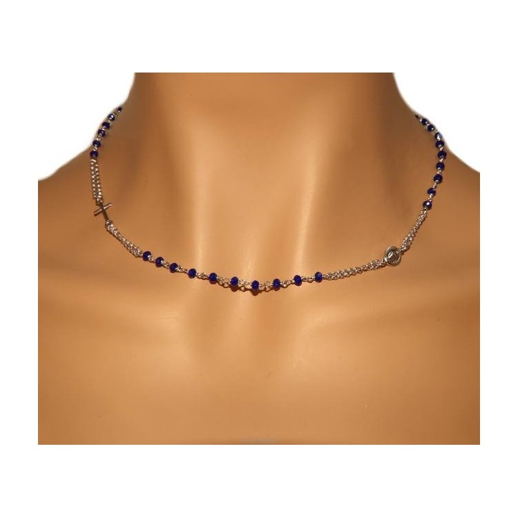 RMB|Rosary Necklace 925 Silver Man With blue crystal cross and madonna 45 + 5 cm