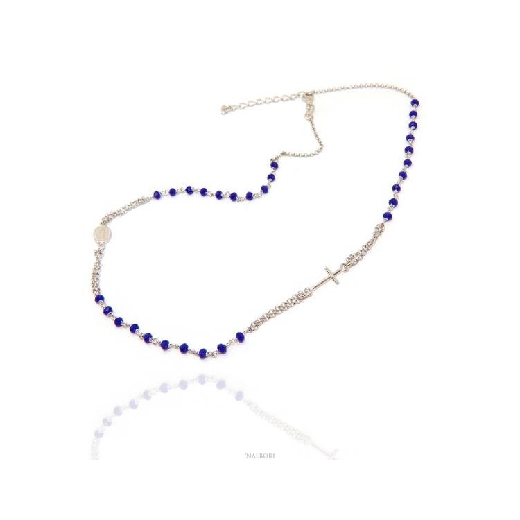 RMB|Collana Rosario uomo Argento 925 Con cristallo blu croce e madonna 45+5 cm