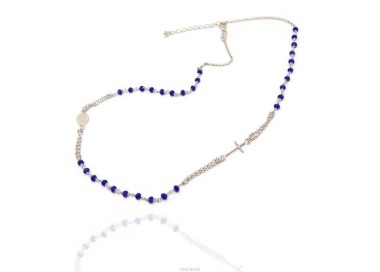 RMB|Rosary Necklace 925 Silver Man With blue crystal cross and madonna 45 + 5 cm