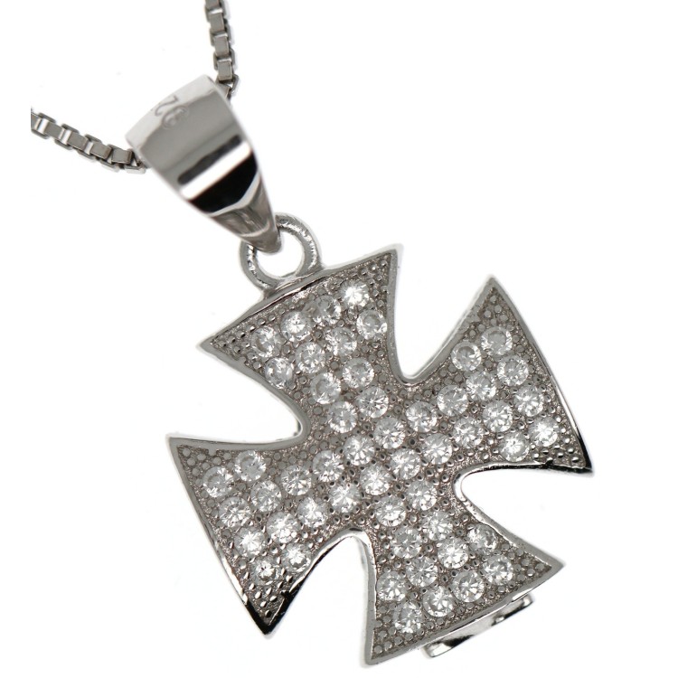 RMB|Maltese cross necklace 925 silver cubic zirconia pendant collier