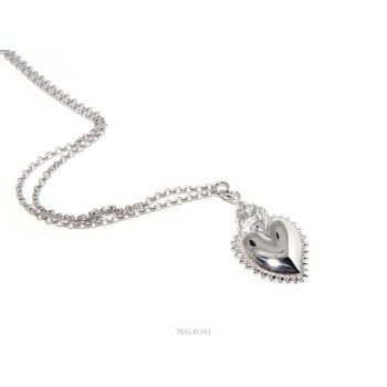 RMB|NALBORI collana argento 925 donna rolo' 45+5 con ciondolo sacro cuore fiamma ex voto bagno oro bianco