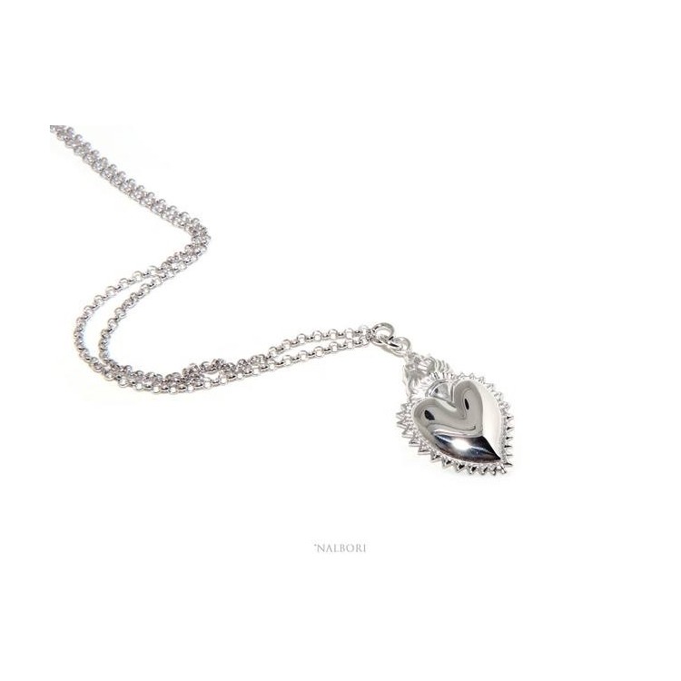 RMB|NALBORI collana argento 925 donna rolo' 45+5 con ciondolo sacro cuore fiamma ex voto bagno oro bianco