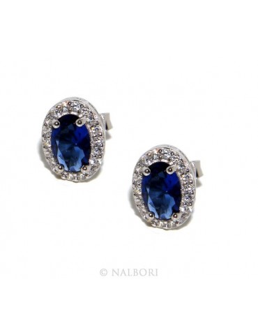 925: Women button stud earrings oval stone blue cubic zirconia blue cornflower blue sapphire 6x8