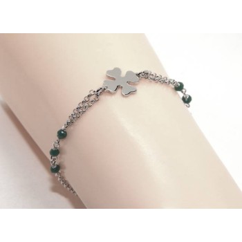 RMB|NALBORI Bracciale donna Argento 925 lavorazione a rosario cristallo verde con quadrifoglio misura 15-18 cm