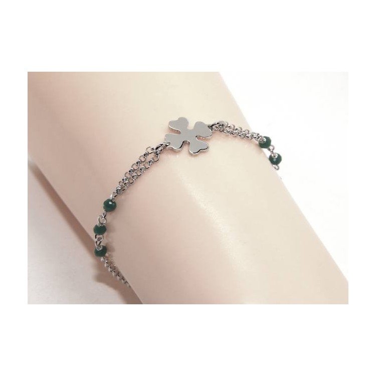 RMB|NALBORI Woman bracelet Silver 925 rosary working green crystal with four-leaf clover measuring 15-18 cm