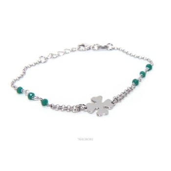 RMB|NALBORI Woman bracelet Silver 925 rosary working green crystal with four-leaf clover measuring 15-18 cm