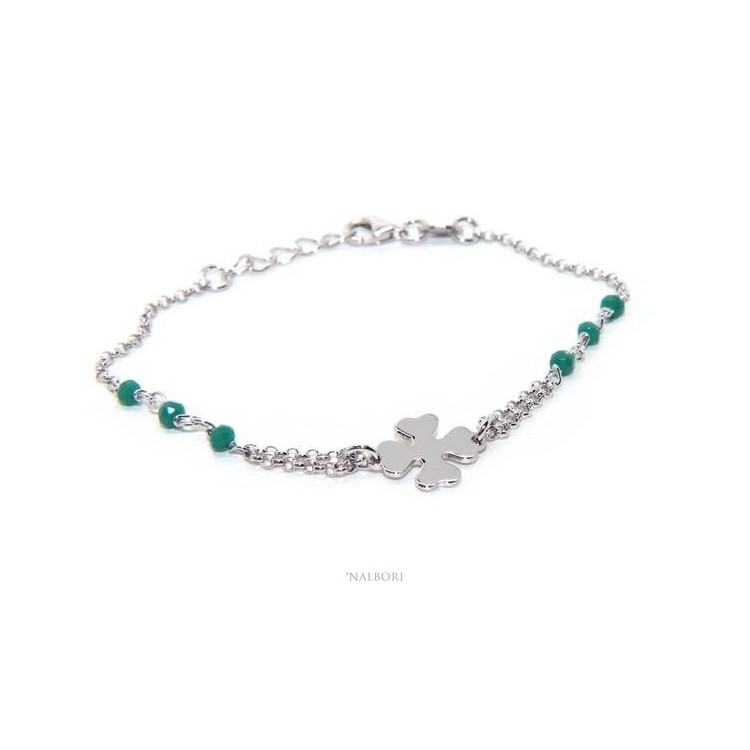 RMB|bra_064 NALBORI Bracciale donna Argento 925 lavorazione a rosario cristallo verde con quadrifoglio misura 15-18 cm
